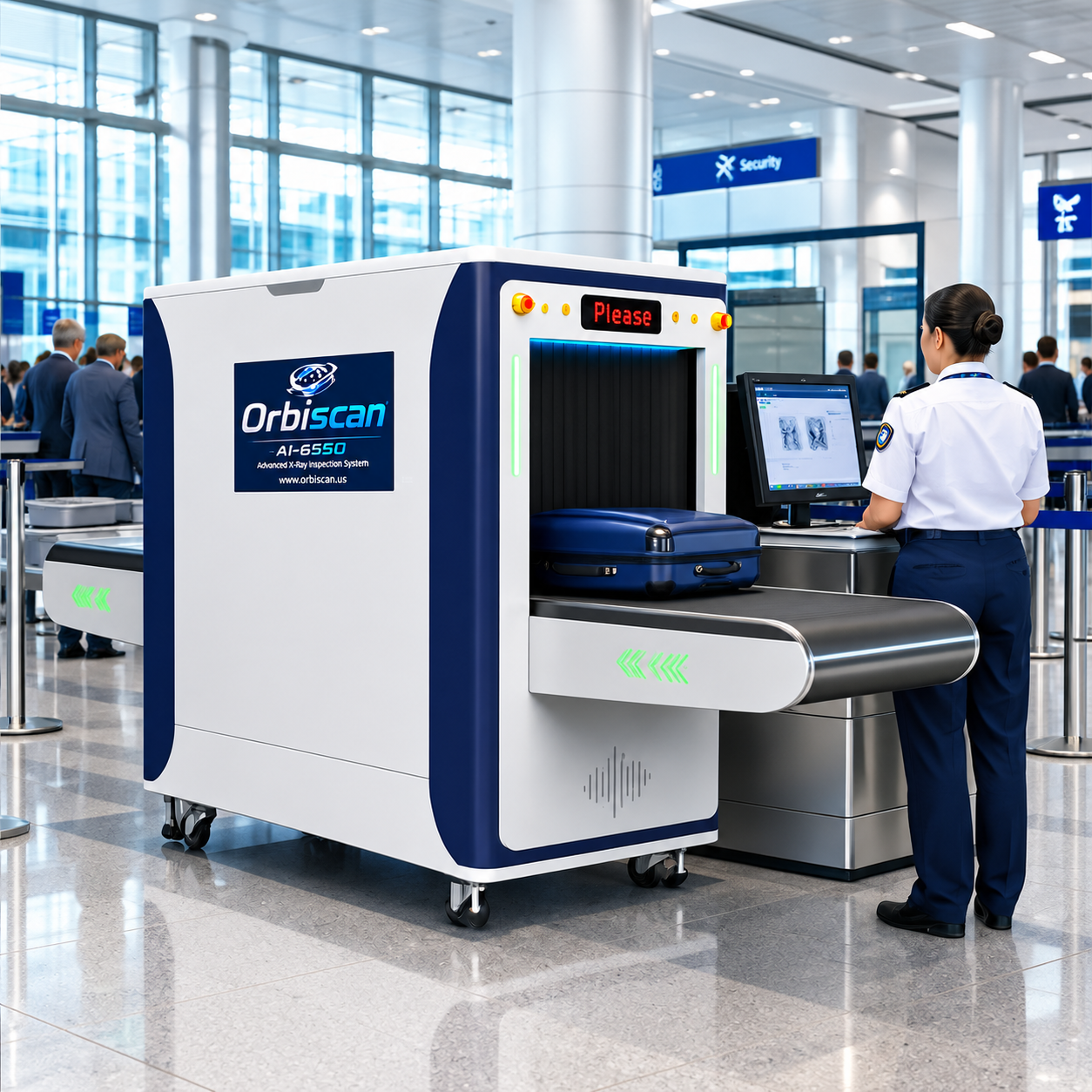 Airport X-ray baggage scanner with a security officer inspecting luggage in a modern airport terminal.