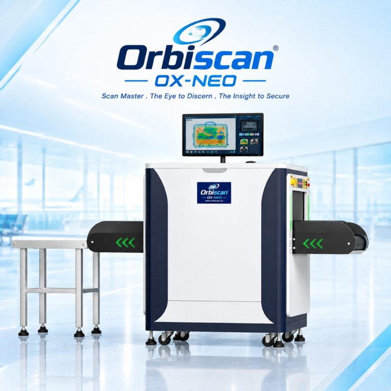 Airport X-ray baggage scanner with a security officer inspecting luggage in a modern airport terminal.