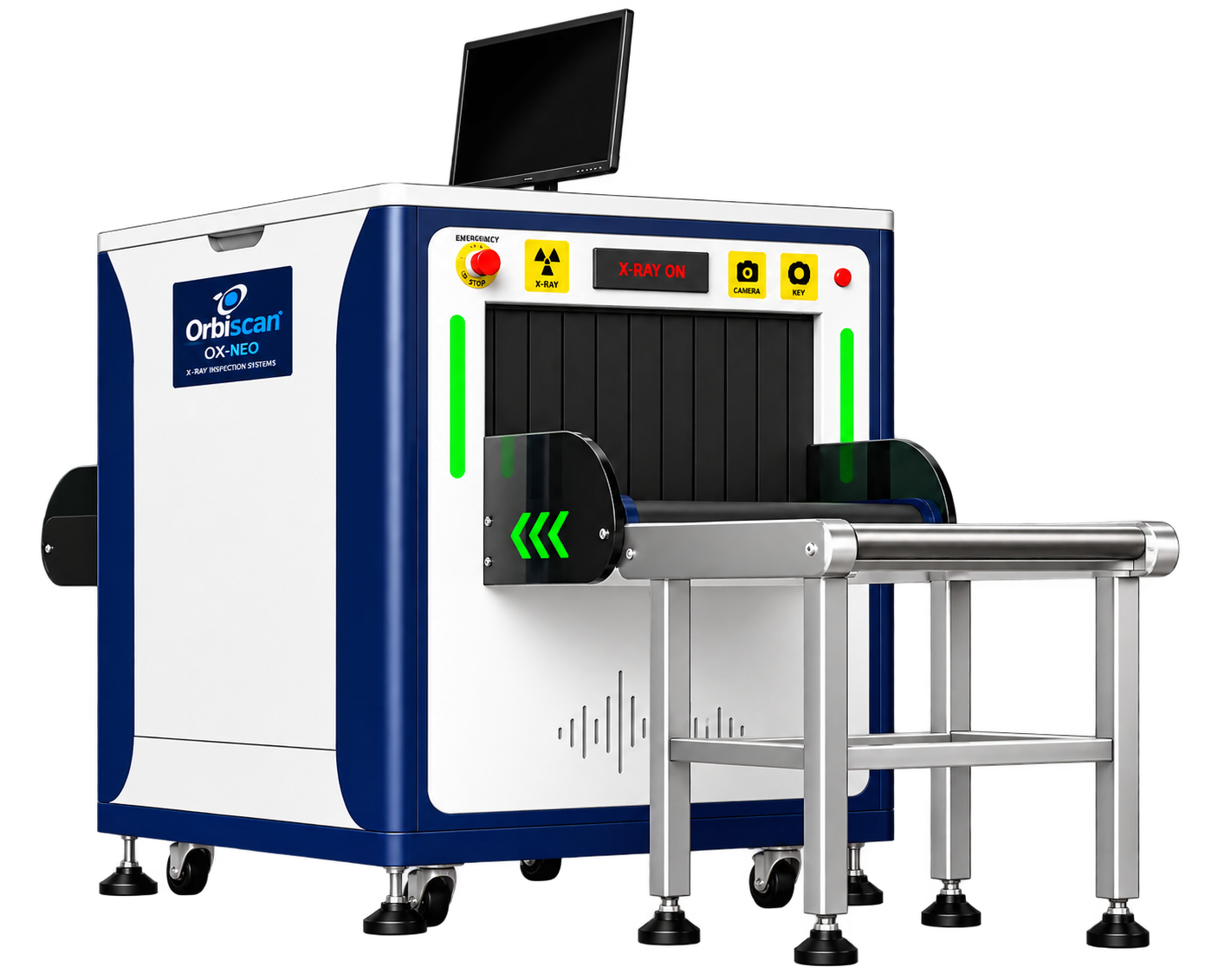 Orbiscan OX-NEO X-Ray Inspection System with conveyor belt and monitor for security baggage scanning