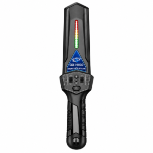 Orbiscan OX-H100 handheld metal detector with LED indicator lights and control buttons for security screening.
