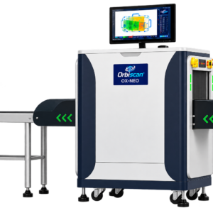 Orbiscan OX-NEO X-ray baggage scanner with conveyor belt and monitor displaying scanned luggage images in a modern airport setting.