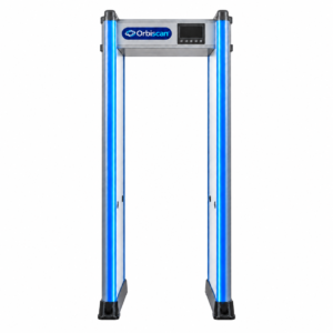 Orbiscan walk-through metal detector with blue illuminated side panels and digital display for security screening.