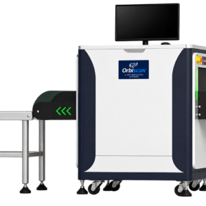 Orbiscan X-ray baggage scanner inspecting luggage at an airport security checkpoint with passengers and a security officer.